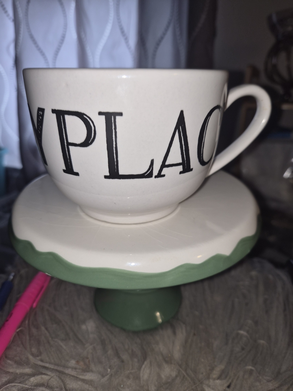 Home Essentials My Happy Place Jumbo Coffee Mug Soup Bowl Ceramic Cream and Blac